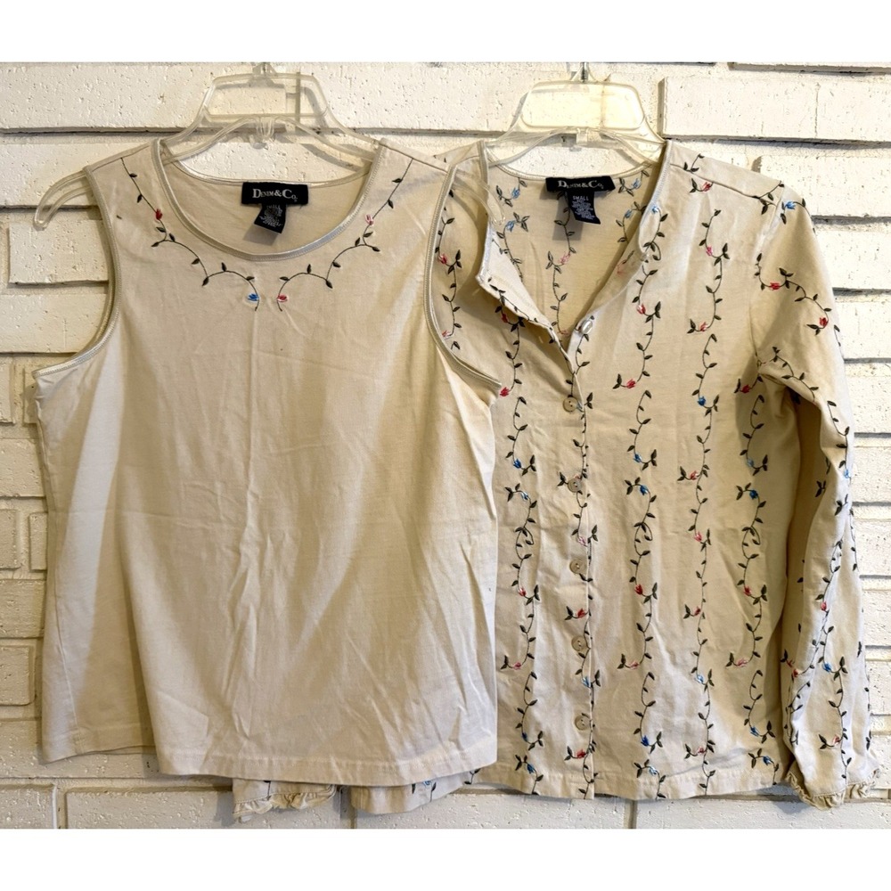 Denim & Co. 100% Cotton Embroidered Tan Tank Top & Cardigan 2 Piece Set Size Sm
